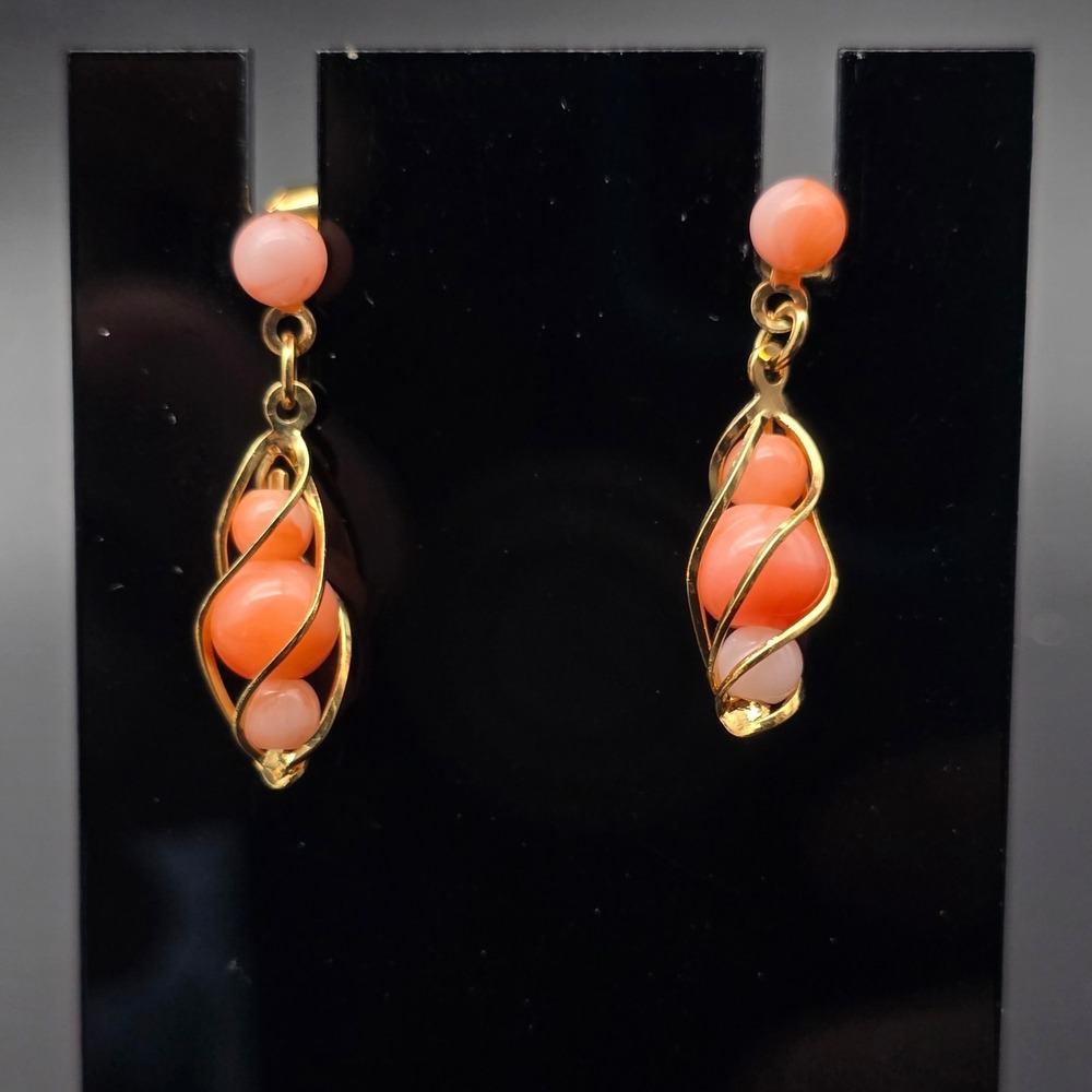 Avon 1987 Captured Accents Earrings Faux Coral Gold Tone Caged